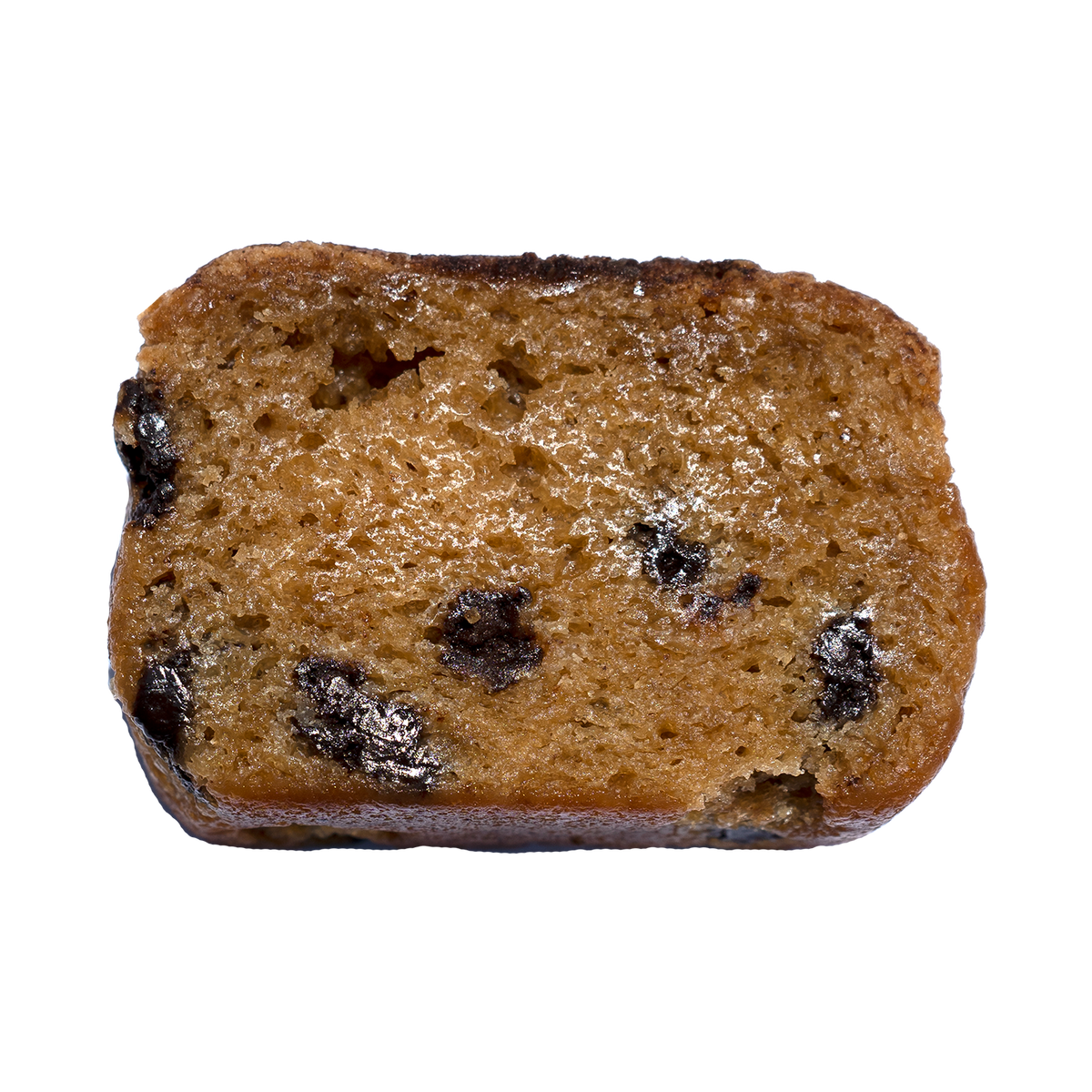 Slice of our Cappuccino Bread. Brown loaf with chocolate chunks.