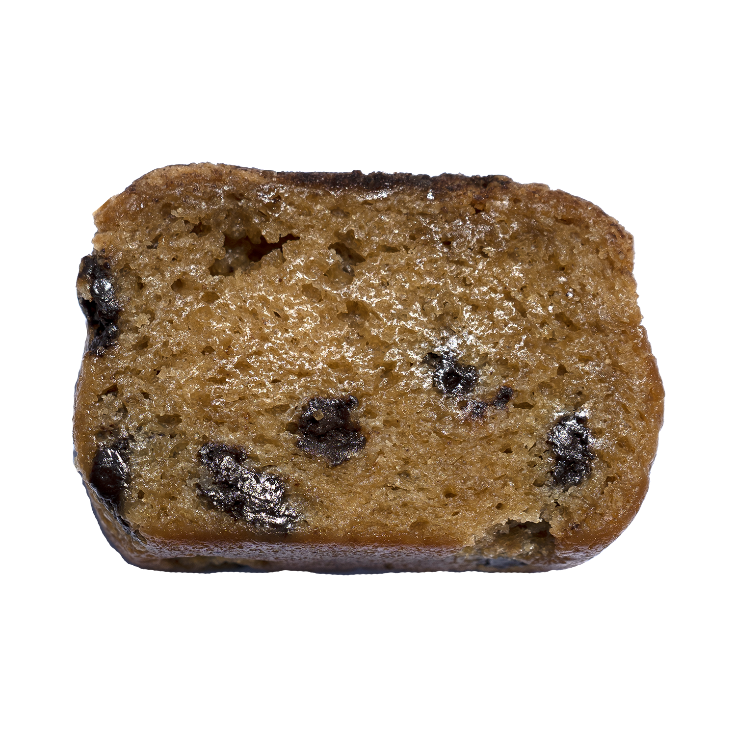 Slice of our Cappuccino Bread. Brown loaf with chocolate chunks.